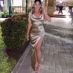 Champagne Open Back Slit Satin Dress